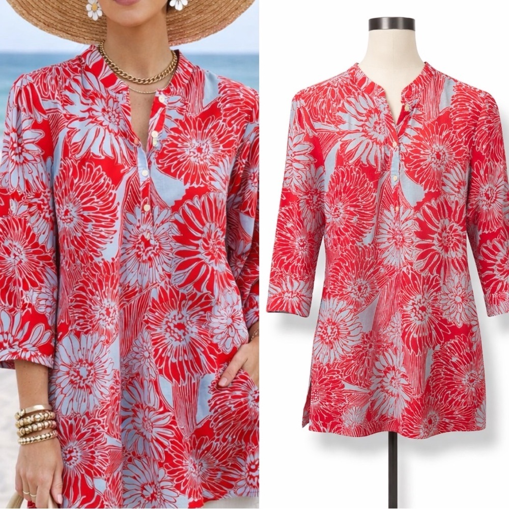 J. McLaughlin | NWOT 100% Cotton Red Light Blue Floral 3/4 Sleeve Tunic Top (XS)